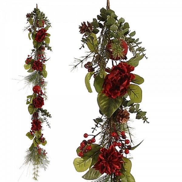 Χριστουγεννιάτικη Γιρλάντα Με Ρόδια και Λουλούδια Κόκκινα 150εκ